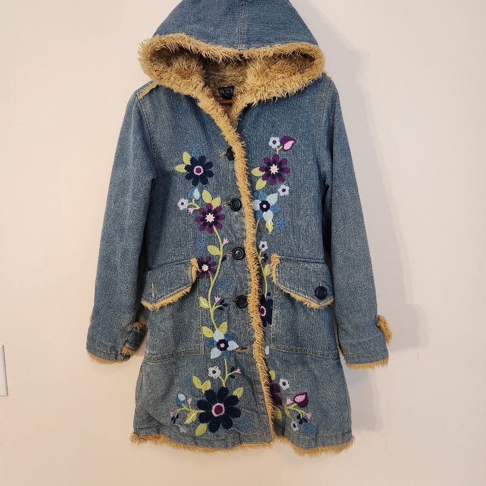 Denim floral embroidered faux fur lined jacket Girls youth size XL or 14